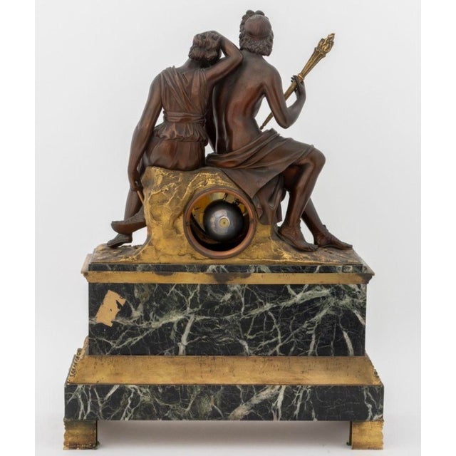 French Empire Patinated & Gilt Bronze Apollo & Diana Figural Mantel Clock, Verde Antico Marble, C. 1830 For Sale - Image 9 of 10