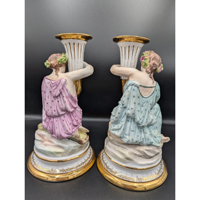 Staffordshire Potteries 1860s Staffordshire England Sutherland & Sons Two Figurines Candlesticks 8.5" For Sale - Image 4 of 10