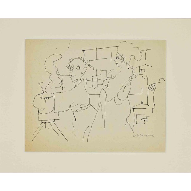 Ink on paper. A compelling and highly economical drawing by Mino Maccari, executed in fluid ink line, depicting a loosely...