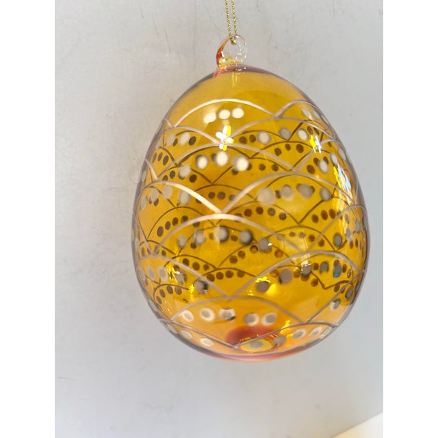 American Vintage Amber Blown Glass Egg Christmas Ornament With Gold & Silver Detail For Sale - Image 3 of 6