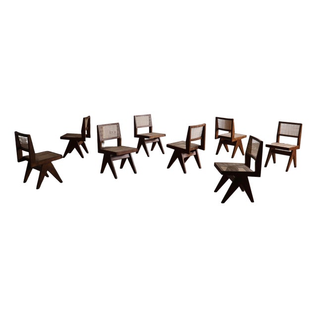 Office Cane Chairs from Pierre Jeanneret, India, 1950s, Set of 8 For Sale