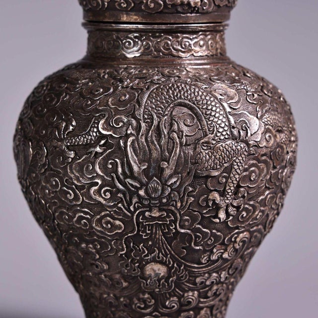 Vintage Silvered Copper Dragon Ginger Jar | Repousse Dragon Vessel | Chinoiserie Decor For Sale In Los Angeles - Image 6 of 10
