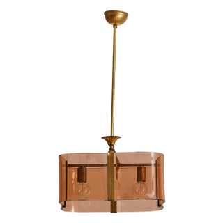 1970s Italian Brass + Curved Amber Smoked Glass Pendant Light For Sale