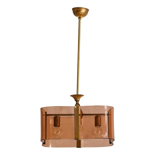 1970s Italian Brass + Curved Amber Smoked Glass Pendant Light For Sale