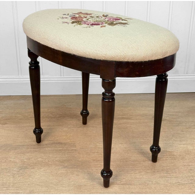 Early 20th Century Antique Traditional Mahogany Floral Needlepoint Oval Vanity Seat Stool For Sale - Image 5 of 10