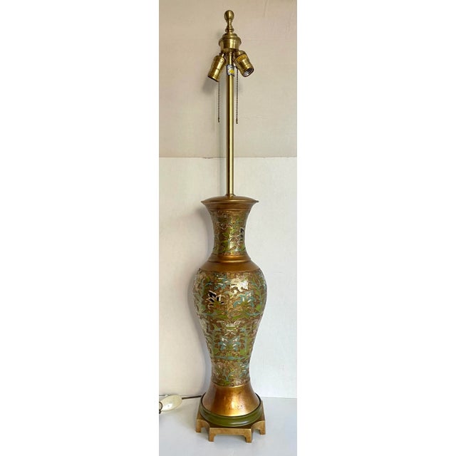 Mid 20th Century Asian Champleve Cloissone Tall Brass Lamp Made by Marbro For Sale - Image 13 of 13