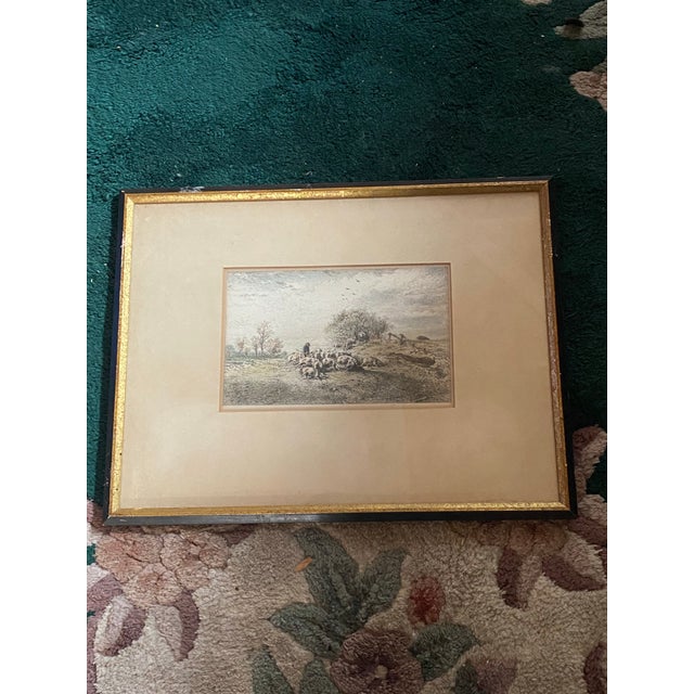 Framed 19th-Century Pastoral Landscape Etching of Sheep and a Shepherd. For Sale In Miami - Image 6 of 10