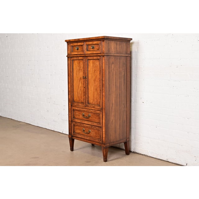 French Heritage French Regency Louis XVI Carved Walnut Gentleman's Chest or Linen Press, 1960s For Sale - Image 3 of 12