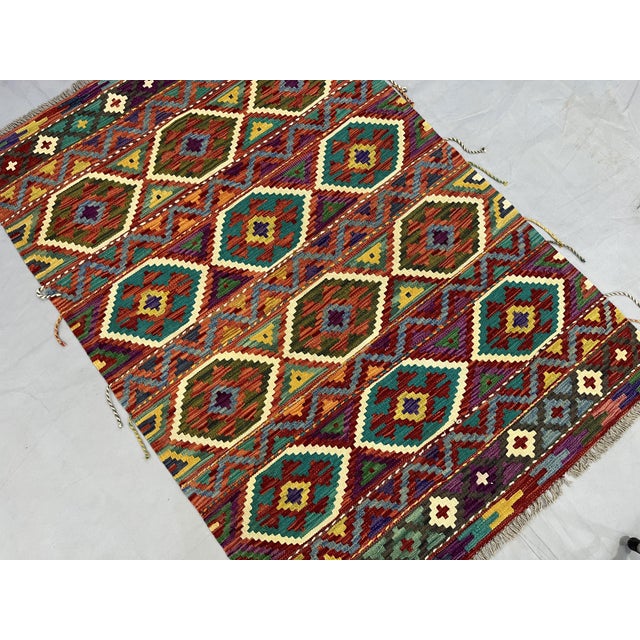 4' X 5'10" Afghan Chobi Khorjin Geometric Wool Kilim Rug For Sale - Image 4 of 17