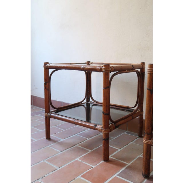 Wood Bamboo and Rattan Bedside Tables with Smoked Glass Tops, 1970s, Set of 2 For Sale - Image 7 of 14