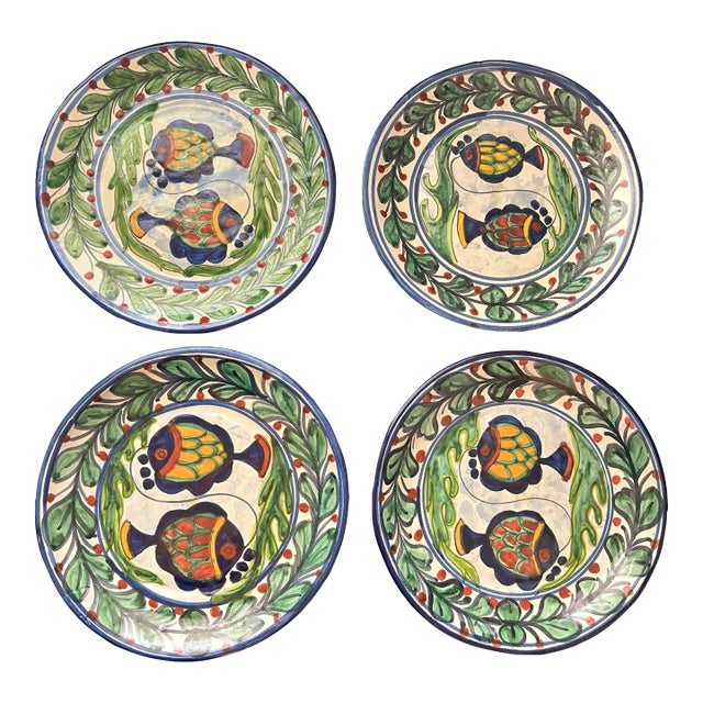 Hand-Painted Mexican Talavero Fish Plates - Set of 4 For Sale