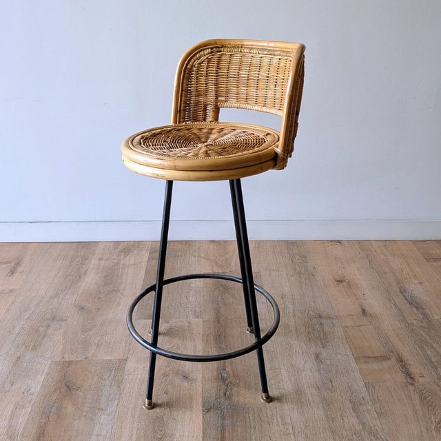 Wood 4 1960s Wicker/Bamboo/Wrought Iron Swivel Stools For Sale - Image 7 of 8