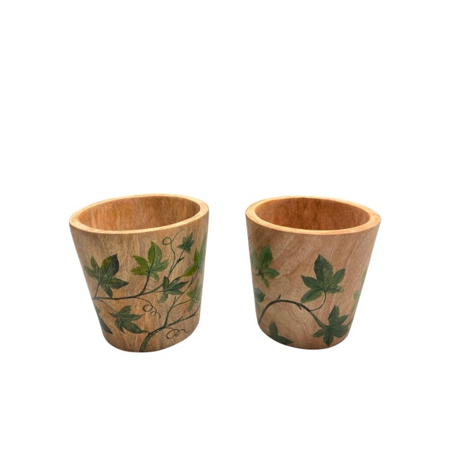 English A Pair of Vintage Hand-Painted Ivy Teak Wood Cache Pots For Sale - Image 3 of 12