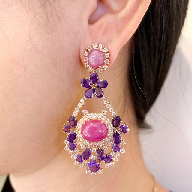 Bochic “Capri “Vintage Candy Drop Earrings- Ruby, Amethyst & Topaz 18K Gold & S For Sale - Image 9 of 9