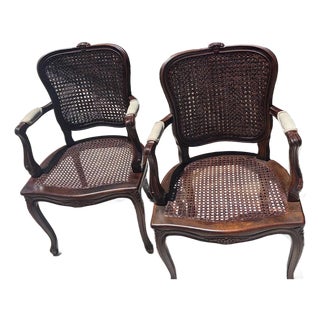 Pair of Vintage Double Cane Professionally Refinished Louis XV Style Arm Chairs Bergere Chairs For Sale