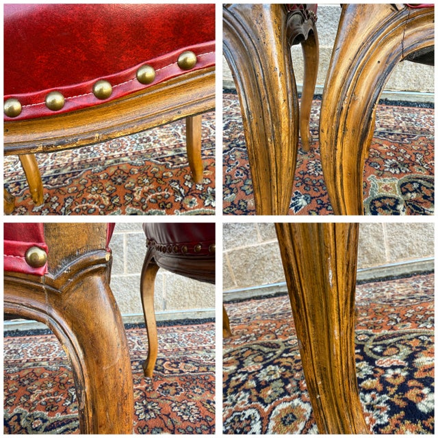 Mid 20th Century Tacked Red Vinyl & Fruitwood French Louis XV Fauteuil Dining Chairs - Set of 3 For Sale - Image 15 of 17