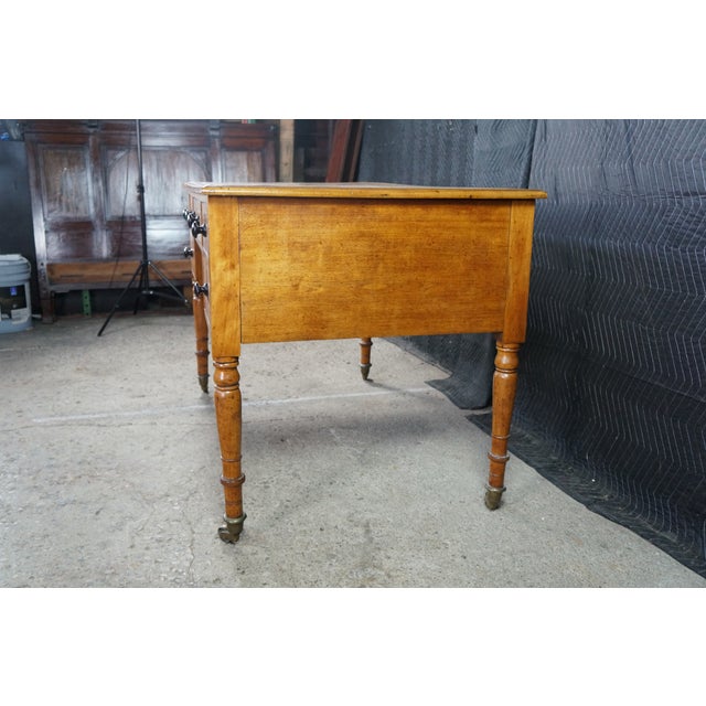 Antique 19th C. English Regency Maple & Oak Tooled Leather Top Partner's Desk For Sale - Image 13 of 18