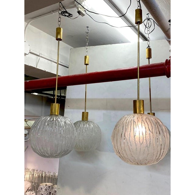 Mid-Century Modern Angelo Brotto Italian 1960s Satin and Clear Glass Shade Pendant Lights For Sale - Image 3 of 10
