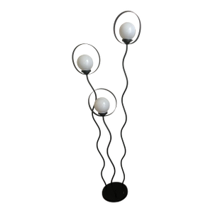 1980s Postmodern Black Metal Triple Globe Floor Lamp With Halo Rings