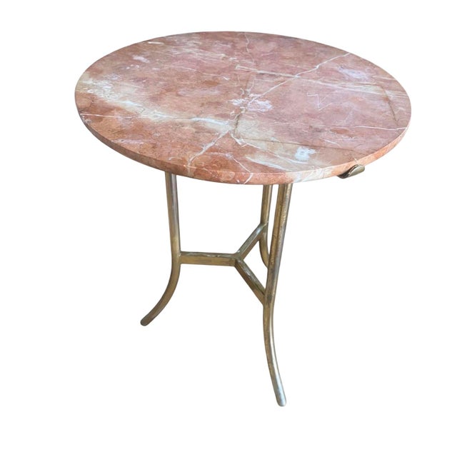 Vintage Pink Marble and Brass Tripod Side Table in the Style of Cedric Hartman Mid Century Modern Gueridon For Sale - Image 9 of 11