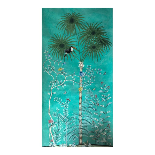 Hand-Painted Chinese-Inspired Blue Tropical Wallpaper Mural | Handmade Xuan Paper | 48" × 96" For Sale