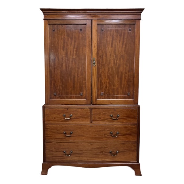 Antique Solid Mahogany English Linen Cabinet Over Chest of Drawers c.1910 For Sale