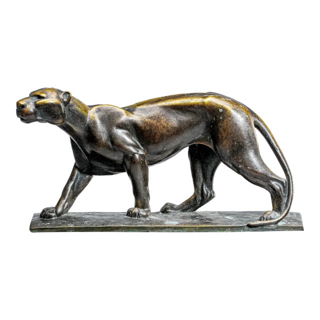 Commanding Art Deco Style Antique Bronze Panther Statue Sculpture Marble Base Luxury Home Decor For Sale