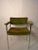 Squared bright chrome frames, original, but worn green fabric upholstery. Set consistes of four side chairs, and two arm,...