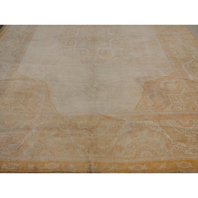 Antique Oushak Carpet, Oriental Rug, Handmade Warm Soft Ivory, Saffron, Shrimp For Sale - Image 9 of 18