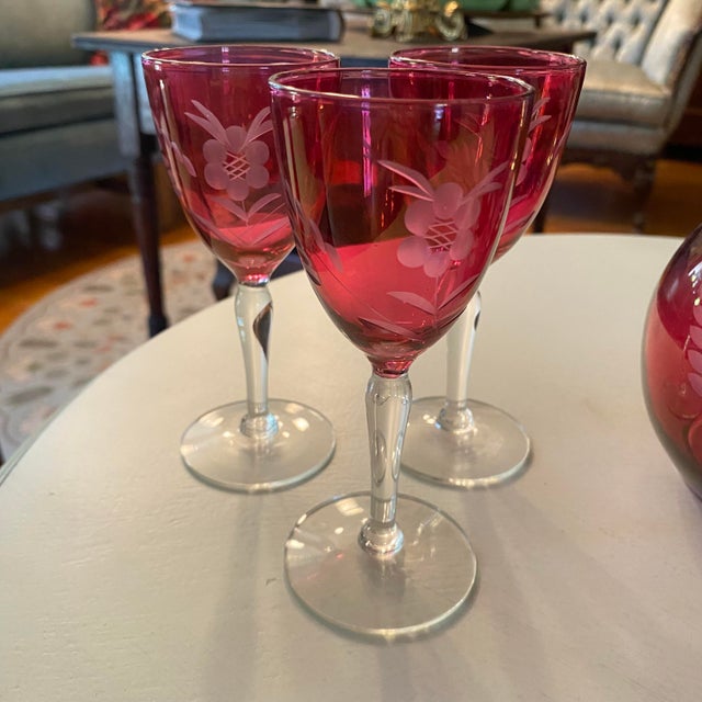 Cranberry Glass Decanter 6 Port Glasses and Shot Glass Stopper For Sale - Image 10 of 14