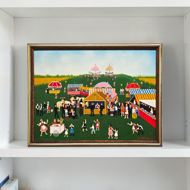 A vivid example of mid-century Hungarian naïve folk art, this signed E. Molnár painting captures the energy and community...