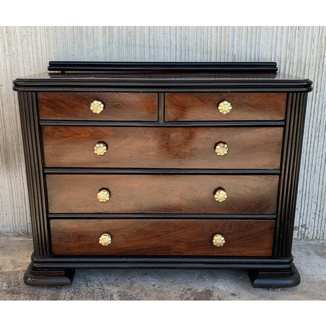 About Beautiful burl walnut drawers with original bronze pulls. Cabinet is set on ebonized trestle foot and so the side...