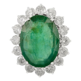 Luxury 13.17 Ct Oval Emerald & 3.39 Ct Natural Diamond Ring Size 6.5 in 18k Solid Gold For Sale