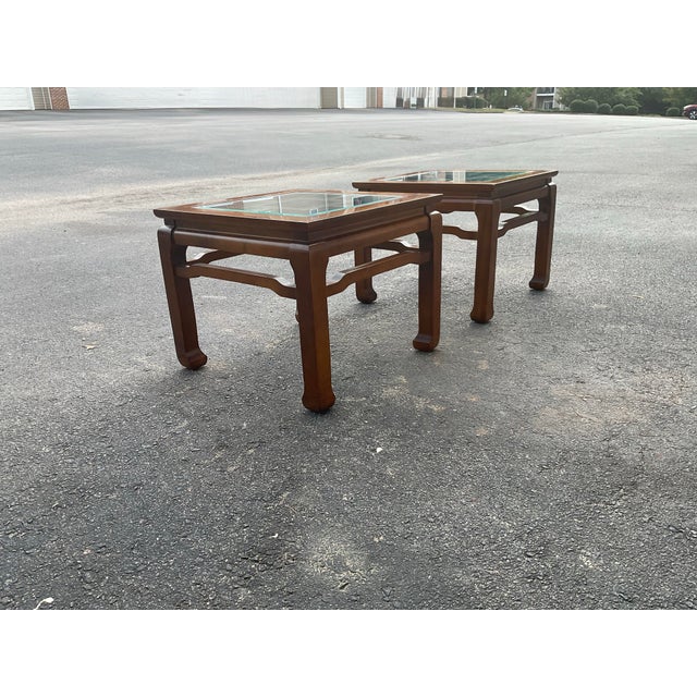 Brown Pair of Mid 20th century Chinese Chippendale Elegance – Vintage Hardwood & Beveled Glass End Tables For Sale - Image 8 of 12