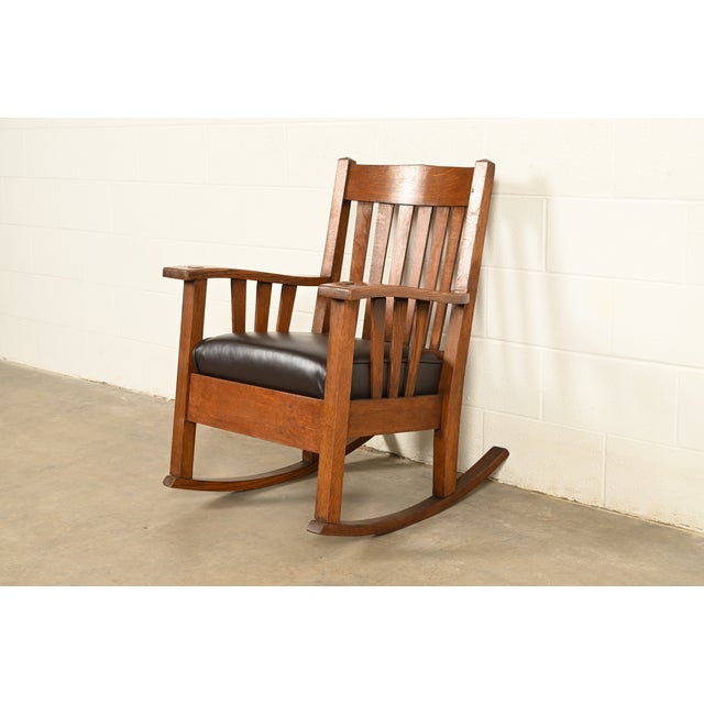 Charles Limbert Stickley Brothers Style Antique Mission Oak Arts & Crafts Rocking Chair, Circa 1910 For Sale - Image 4 of 13