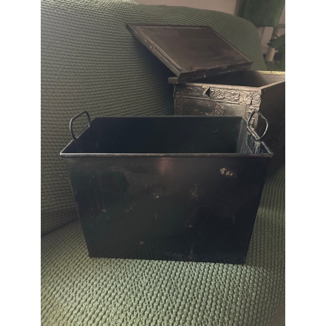 Brown Antique Early 20th Century Nautical Themed Wooden Coal/Firewood Box With Brass Embossed Exterior Panels For Sale - Image 8 of 12