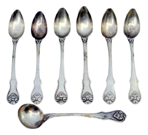 Silver Teaspoons and Sugar Shovel with Shell-Shaped Handle Reliefs, Set of 6