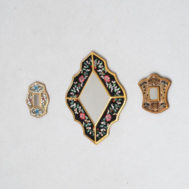 Mid-Century Peruvian Hand-Painted Wooden Wall Mirrors, 1960s, Set of 3 For Sale - Image 3 of 12