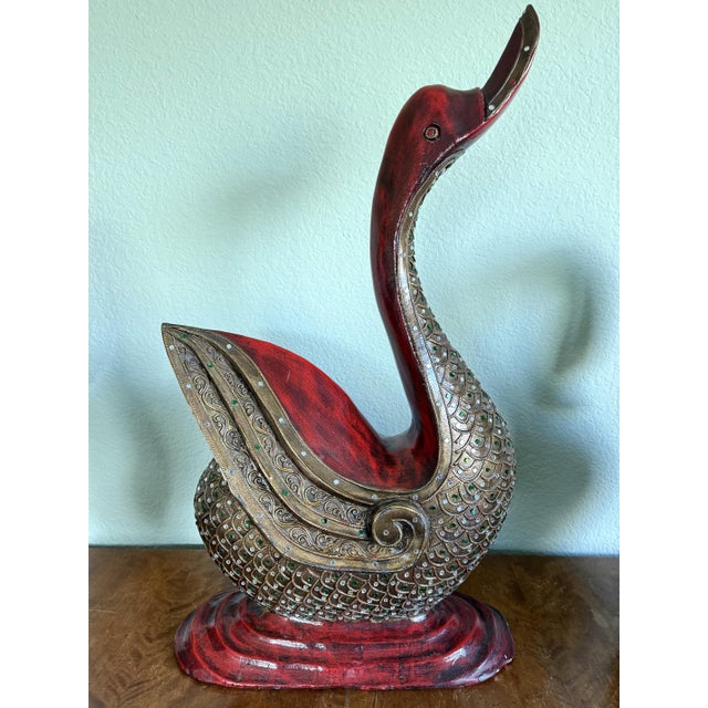Wood Three Large Asian Wood Carved Duck Statues With Mirror Inlay For Sale - Image 7 of 17