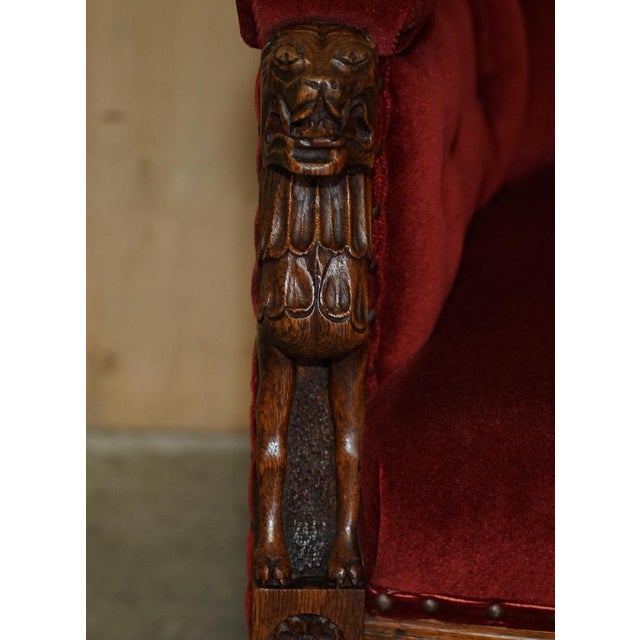 Red Regency Lions Head Carved Oak Armchair with Oxblood Velour Upholstery, 1810s For Sale - Image 8 of 17