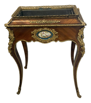 Antique French Victorian Ormolu Mounted Kingwood Jardiniere Stand with Porcelain Plaque, 1860