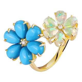 Kai Flora Blossom Turquoise and Opal Cocktail Ring in 14k Yellow Gold Ring, size 5 For Sale