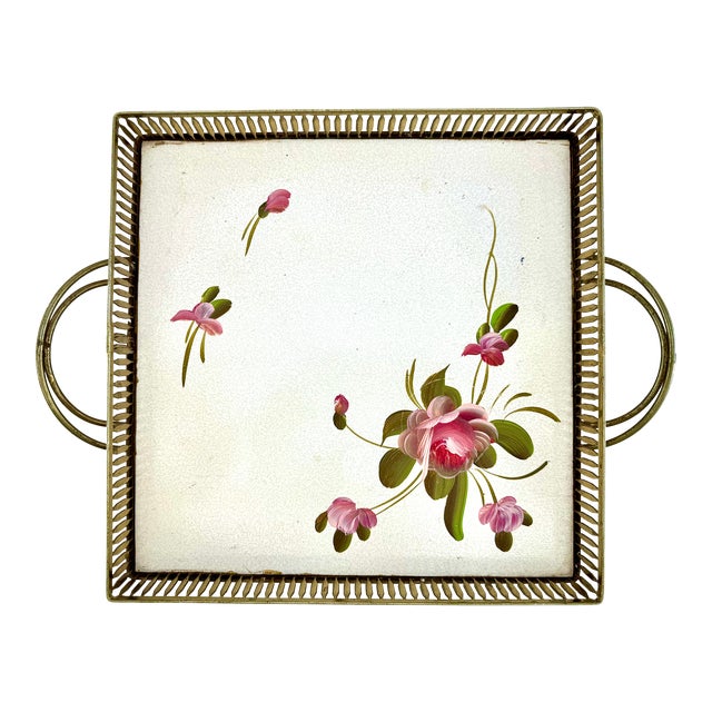 Vintage Fine Arts Studio Hand Painted Metal Floral Square Tray For Sale