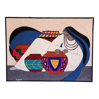 2000s Juan Silva Signed Yarn Painting – Woman With Pots For Sale