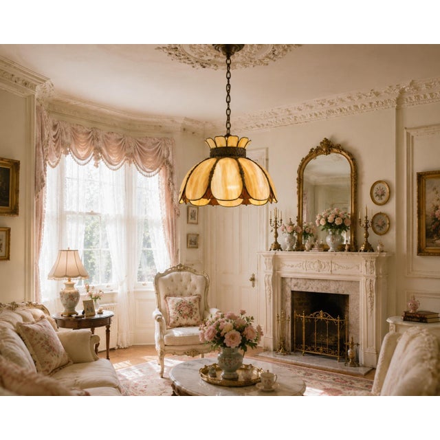 A charming antique ceiling light (shade only, needs wiring) crafted from richly variegated slag glass in soft shades of...