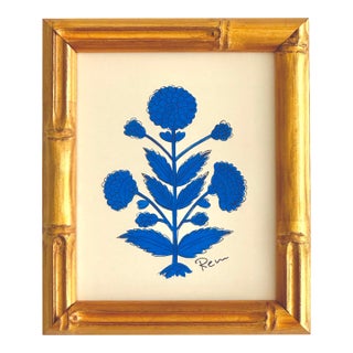 Hand-Painted Jaipuri Blue Floral Motif Painting. Framed For Sale