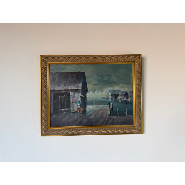 1970’s Vintage P. D. Kane Seascape Harbor Oil on Canvas Painting – Framed For Sale - Image 4 of 14