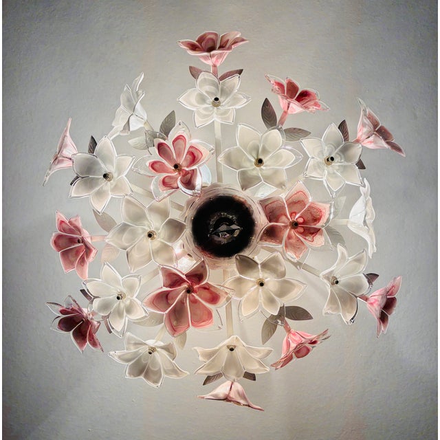 Vintage Murano Style Floral Chandelier – Romantic Pink & White Glass Bouquet Light For Sale - Image 6 of 17