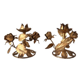 Early 20th Century Italian Gilt Tole Gold Rose and Leaf Candlestick Holders - A Pair For Sale