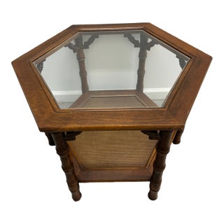 1970s Vintage Hexagonal Wooden End Table, Faux Bamboo Legs With Glass Top and Cane Bottom Shelf For Sale